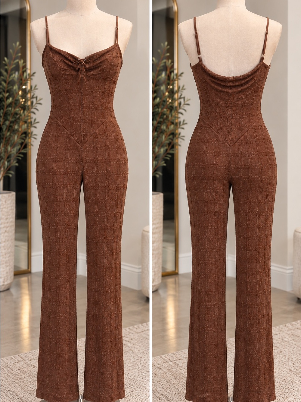 Textured Brown Spaghetti Strap Jumpsuit